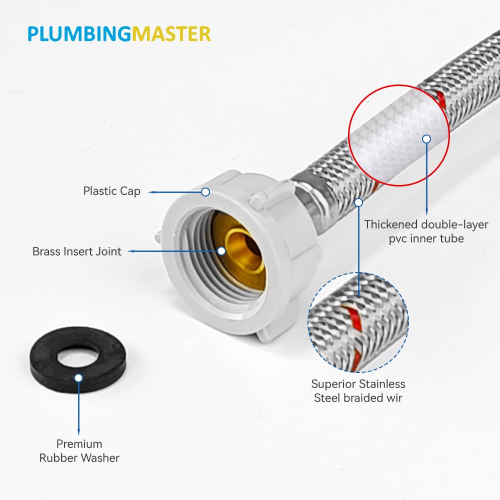 PLUMBINGMASTER Stainless Steel Washing Machine Supply Lines, Universal Braided Hoses, 4FT, 2 Pack (Red Blue, No Elbow)