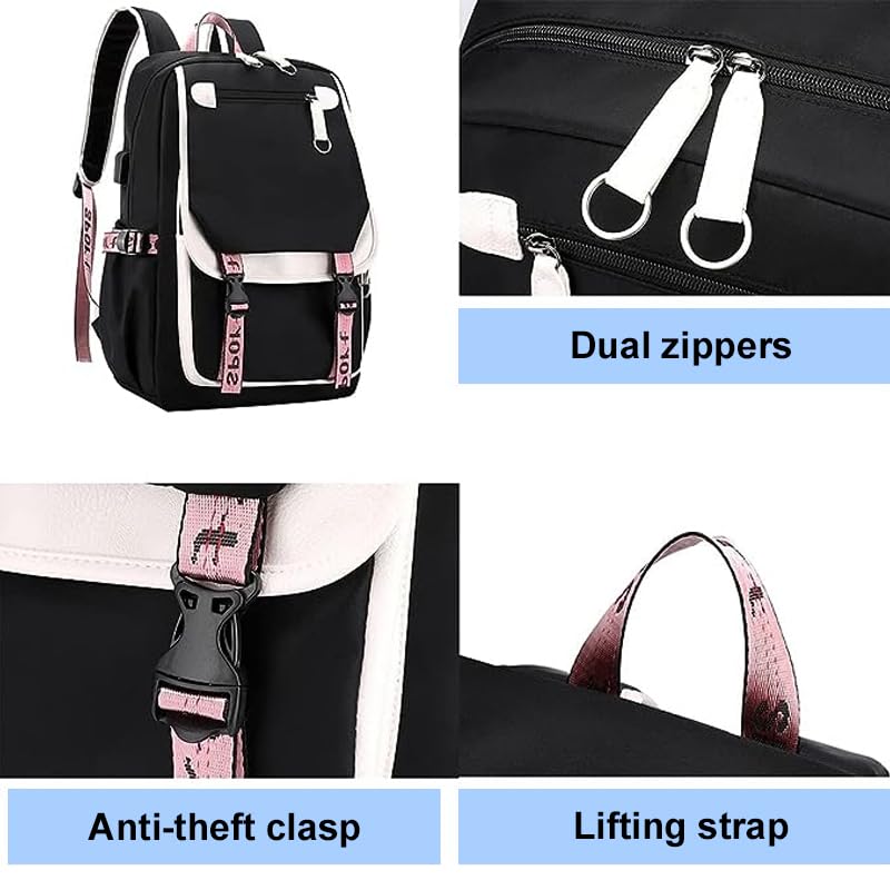 Uplayteck School Backpack 20 Liter Capacity, Black Waterproof with Laptop Compartment | Side Headphone Jack and USB Charging Port | Multiple Pockets | Cute Style for Girls, Kids and Teenagers
