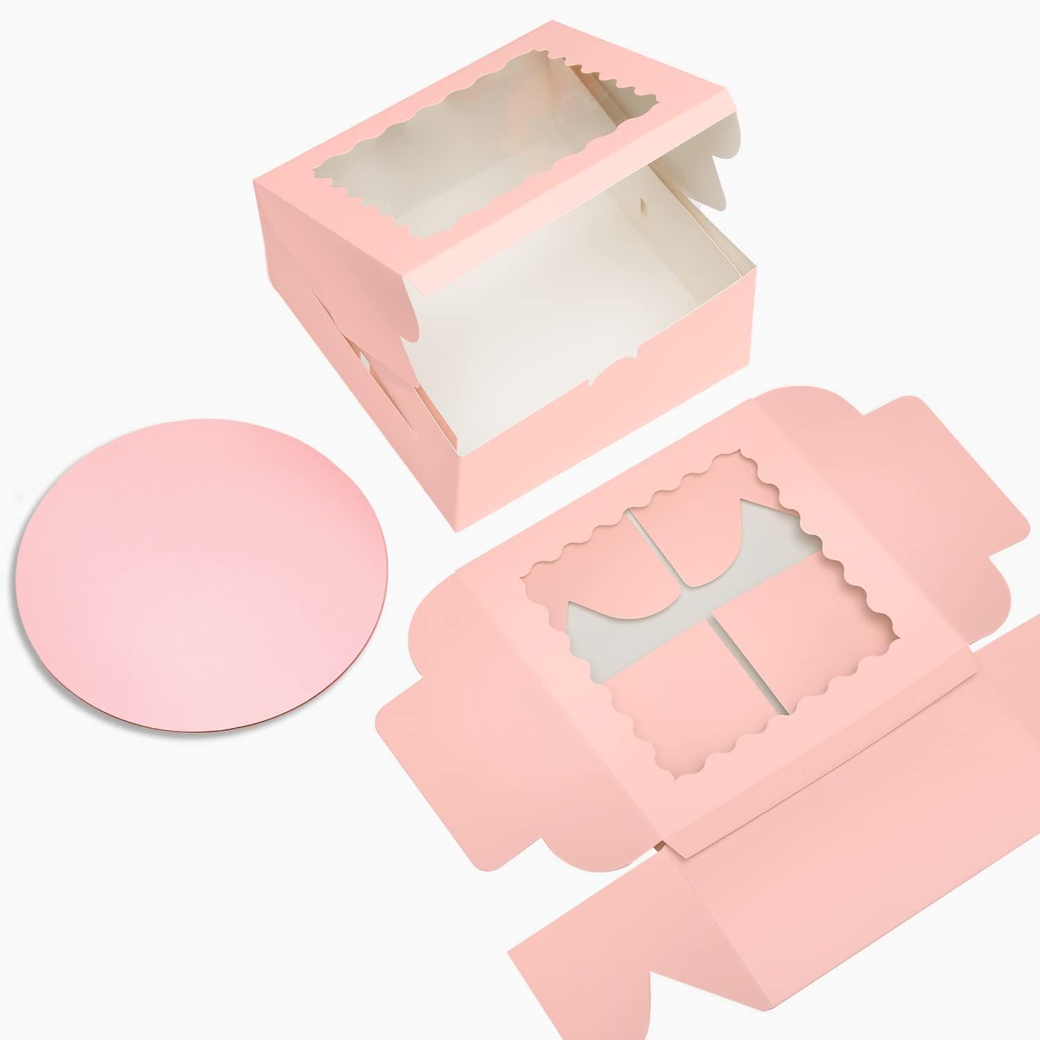 qiqee 8x8x5 Cake Box, 18 Sets Pink Cake Box with Window ＆ 18 Sets 8" Pink Cake Round Boards, 8inch Cake Containers