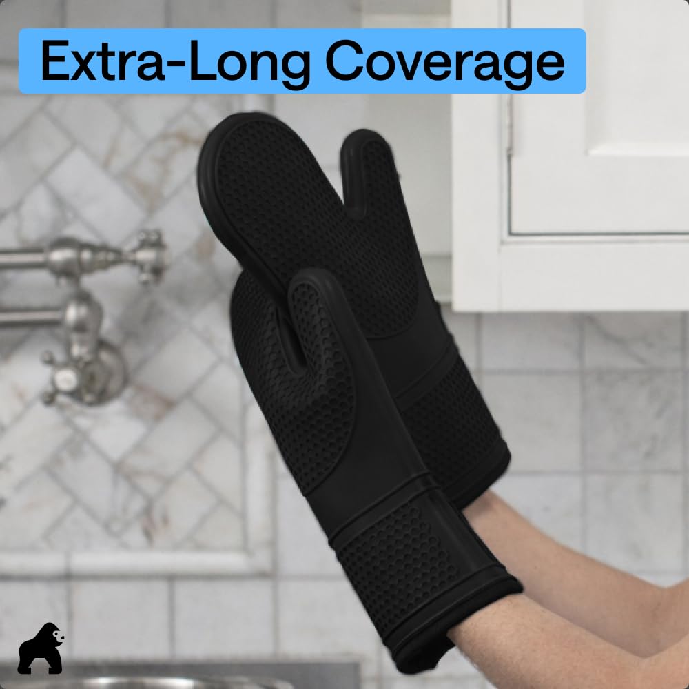 GORILLA GRIP Heat Resistant Silicone Oven Mitts Set, Soft Quilted Lining, Extra Long, Waterproof Flexible Gloves for Cooking and BBQ, Kitchen Mitt Potholders, Easy Clean, Set of 2, Black