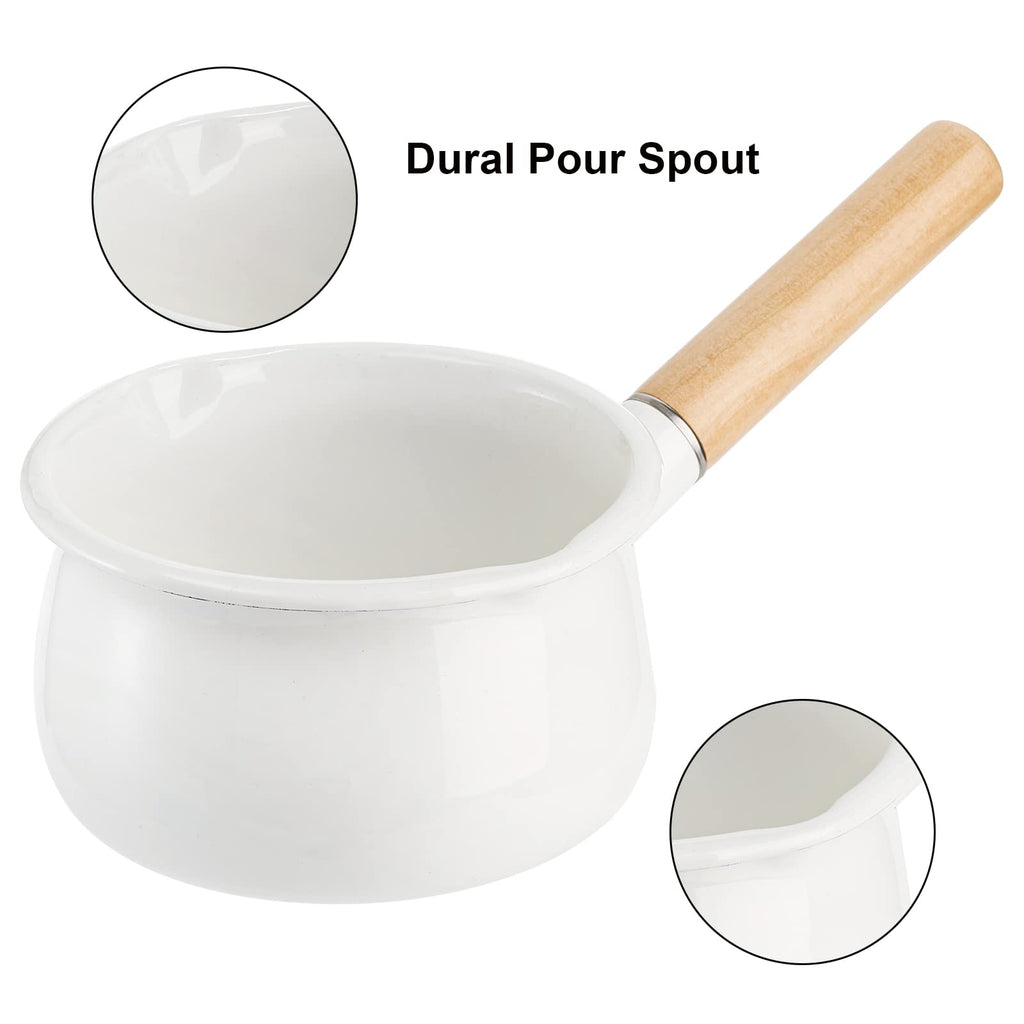 Jucoan 1 Quart Enamel Milk Pan with Dual Pour Spout, Small Enamel on Steel Saucepan Milk Pot Butter Warmer with Wooden Handle, Stove Top Soup Simmer Pot for Home Kitchen Cooking Heating Boiling