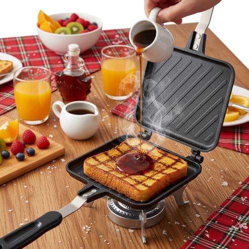 Elsjoy Grilled Cheese Sandwiches Maker, Non-Stick Toasted Sandwich Press with Handle, Stovetop Aluminum Flip Panini Maker Pan for Breakfast, Camping, Home, Kitchen