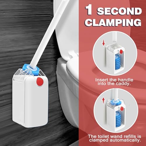JEHONN Disposable Toilet Bowl Cleaner Brush with Upgraded Clamping System, Wall Mounted Bathroom Scrubber Wand and Holder Set for Bathtub Sink Wash Basin, 16 Refills