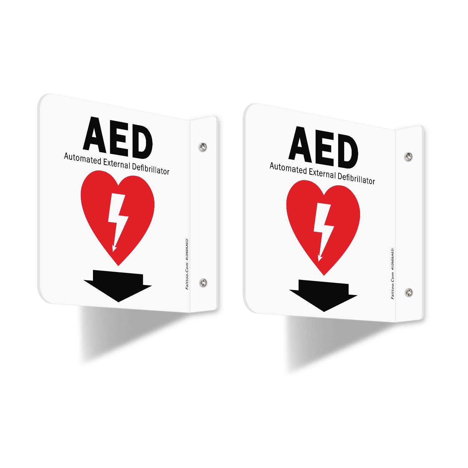 Faittoo AED Sign, AED Automated External Defibrillator with Down Arrow Sign, 6x6 Inches 90D Projection - Acrylic, 2 Pre-Drilled Holes, Includes Matching Screws, Use for Home Office/Business, 2 Pack