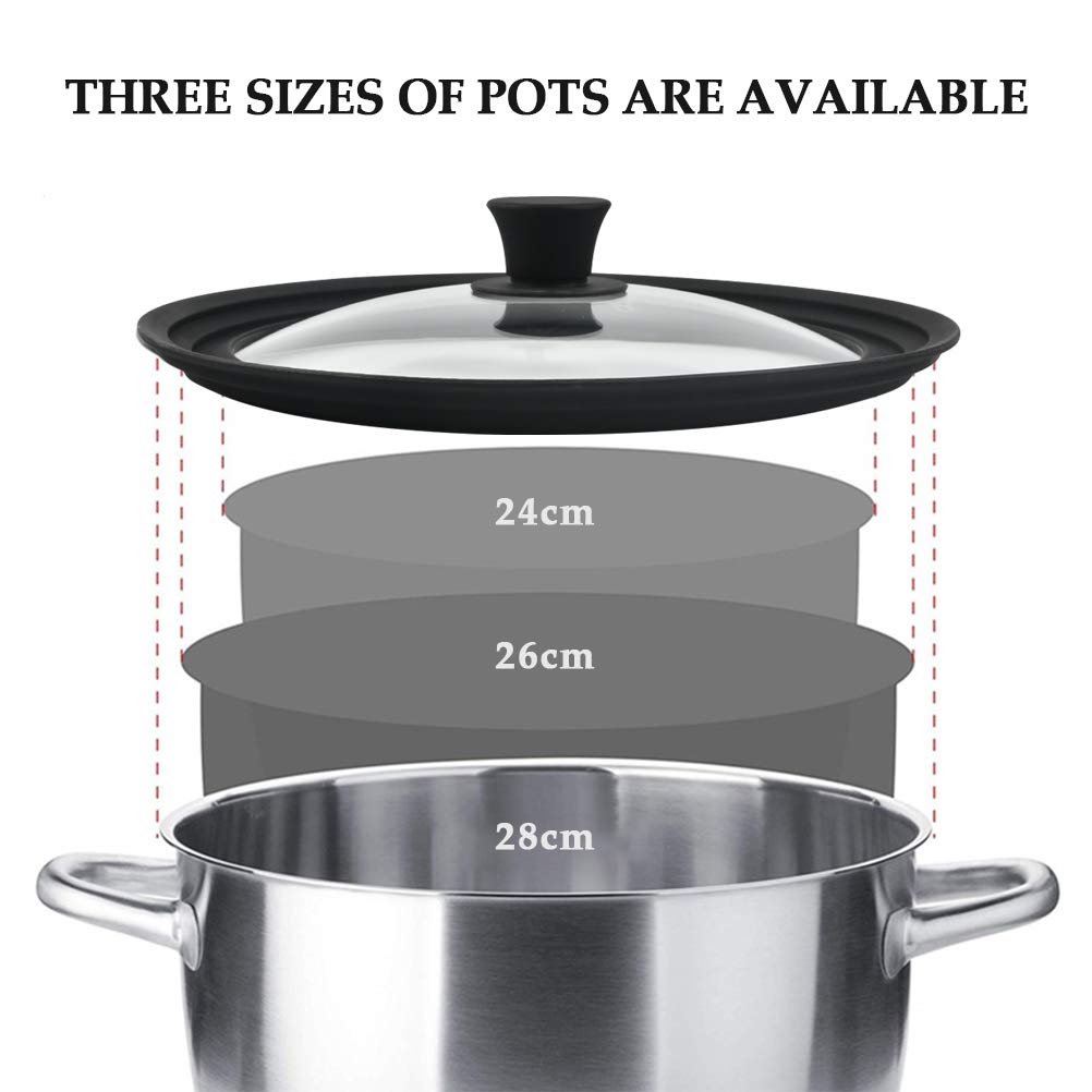TIMESETL Universal Lid for Pots, Pans and Skillets, Anti Scalding Tempered Pot Lid with Heat Resistant Silicone Rim Fits Sizes 24/26/28cm Diameter Cookware, Black