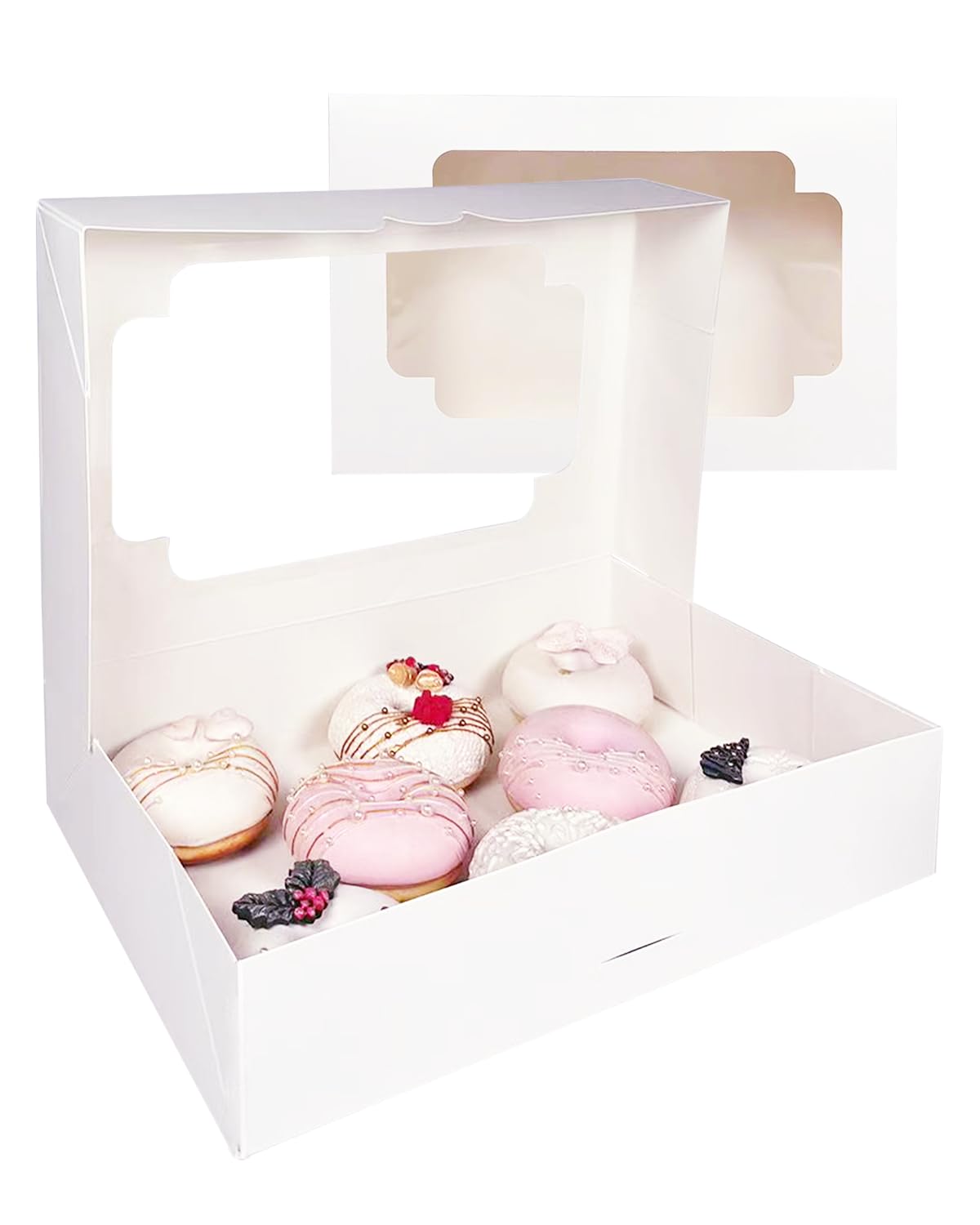 qiqee White 12x8x2.5 Inch Cookie Box with Window 20Pcs Bakery Pastry Macaron Bakery Box For Packaging (Auto-pop Up)