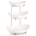MEIGLQEA 3 Tier Fruit Basket for Kitchen Counter, Silver/White Ceramic Fruit Bowl for Countertop, Home Fruit Rack with Holder, Vegetable Bowl Snacks Nuts Bread Candy Storage (White)