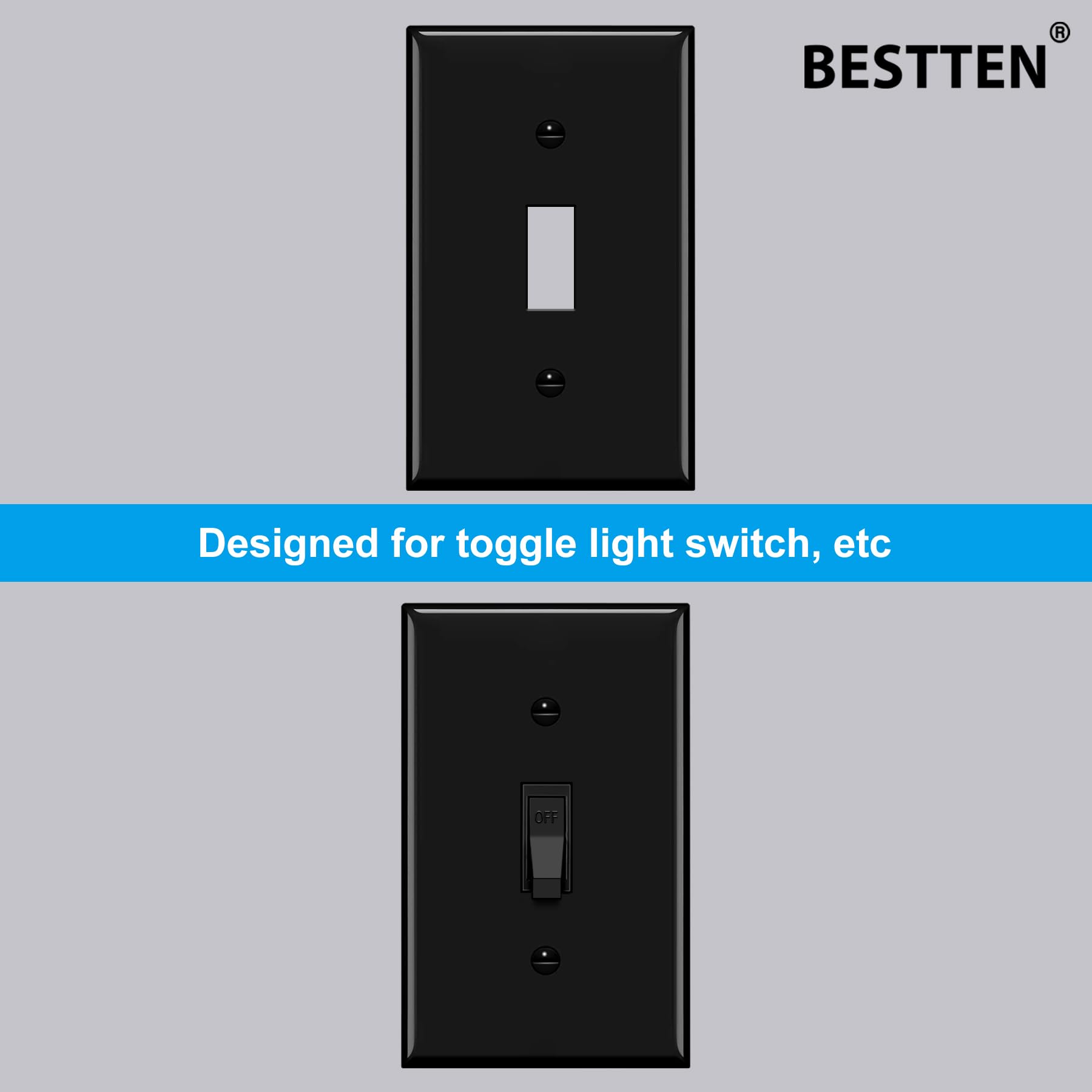 BESTTEN [10 Pack] 1-Gang Toggle Wall Plate, Unbreakable Polycarbonate Light Switch Cover, Standard Size, cUL Listed, Black