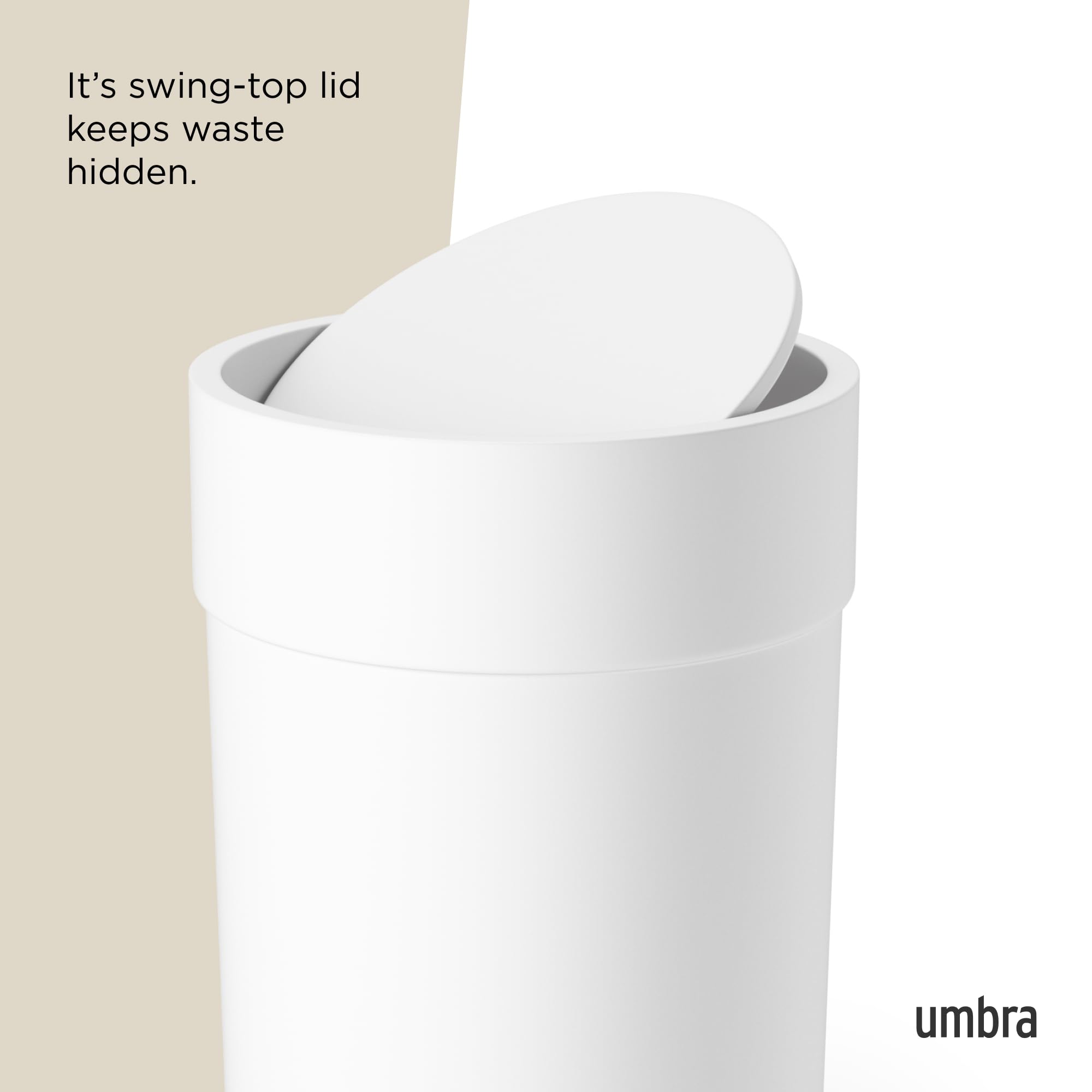 Umbra Touch Trash Can, Small 1.6-Gallon Garbage Bin with Swing Lid, Waste Basket for Bathroom or Office, White