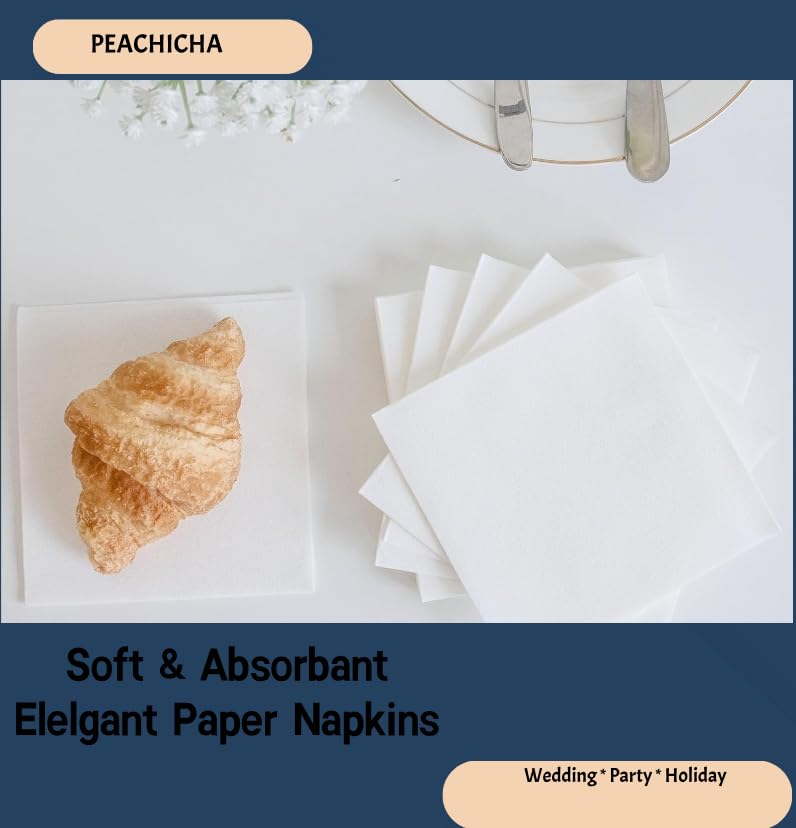 PEACHICHA Cocktail Napkin,Disposable Beverage Bar Napkins Cloth-Like Paper Napkins, Linen-Feel Great for Wedding, Party,Or Everyday Use, 20 x 20cm (100 Count, White)