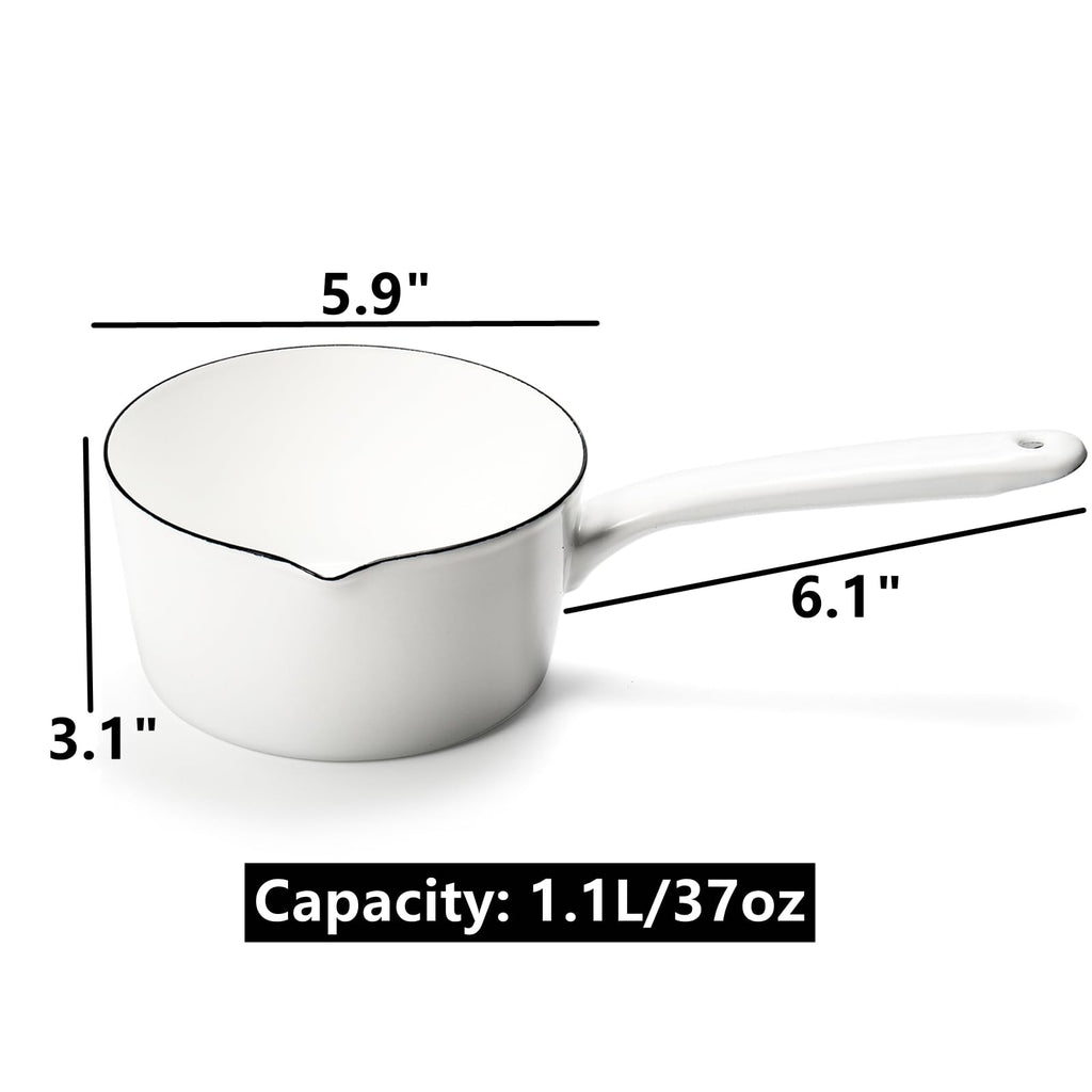 Peohud Enamel Milk Pan, 37 Oz Milk Boiling Pot Stovetop Safe, Mini Butter Warmer Pan with Pour Spout, Nonstick Enamel Saucepan, Milk Melting Boiling Pot for Stove Top, White
