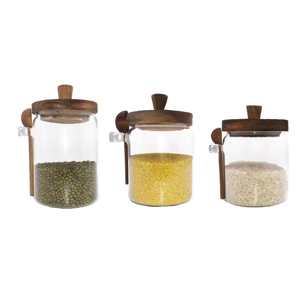 Piscepio Glass Jars with Wooden Lids and Spoons set of 3, Clear Glass Coffee Containers with Scoop Decorative Kitchen Food Storage Jars for Coffee Beans,Tea,Nut,Candy, Sugar,Bath Salts(17OZ/22OZ/27OZ)