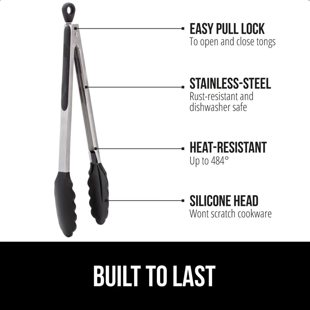 GORILLA GRIP Stainless Steel Silicone Cooking Tongs, Set of 2, Includes 9 and 12 Inch Locking Kitchen Tong, Heat Resistant Tip, Strong Grip for Grabbing Food, Perfect for Nonstick Pans, BBQ, Black