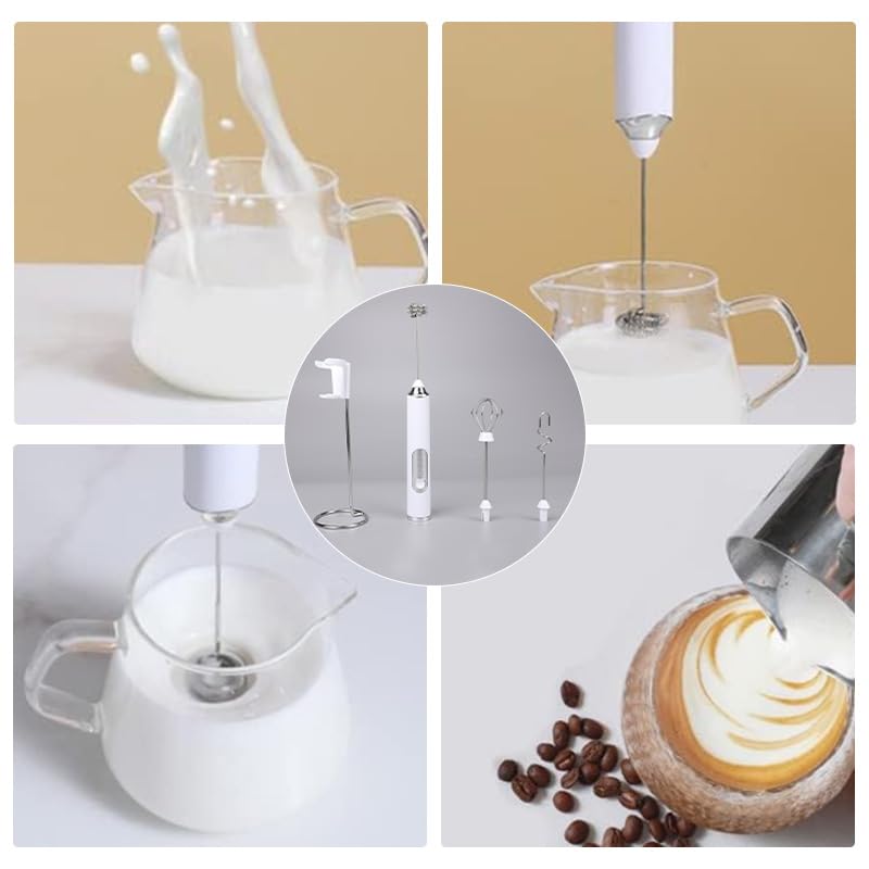 Milk Frother, Handheld Foam Maker, Waterproof Detachable Whisk Drink Mixer USB Rechargeable Blender with Stainless Steel Whisks for Coffee, Matcha, Latte,Egg(White)