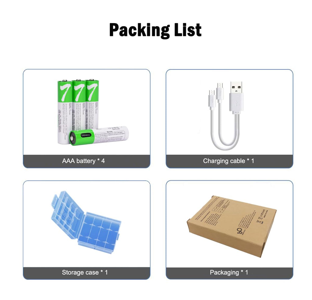 USB AAA Lithium ion Rechargeable Battery, 1.5V 750mWh Rechargeable AAA Battery, 1 H Fast Charge, 1200 Cycle with Type C Port Cable, Constant Output,4-Pack