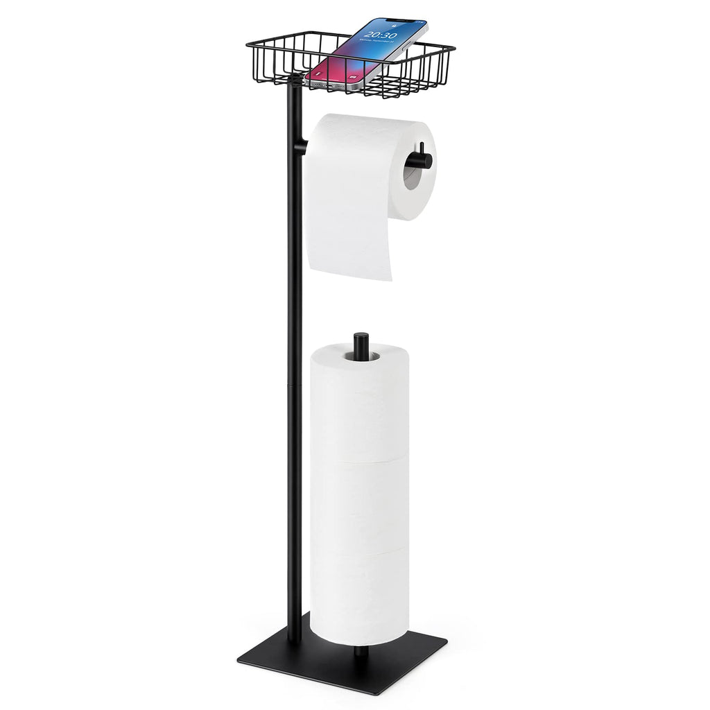 Toilet Paper Holder Stand Free Standing Toilet Paper Roll Holder with Storage Basket Industrial Tissue Holder Dispenser for Bathroom,Matte Black