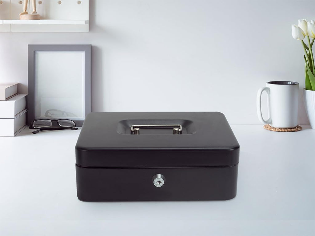 Cash Box with Lock and Money Tray Metal Money Box for Cash Lock Box for Money Safe 9.84" x 7.87" x 3.54" Large Black