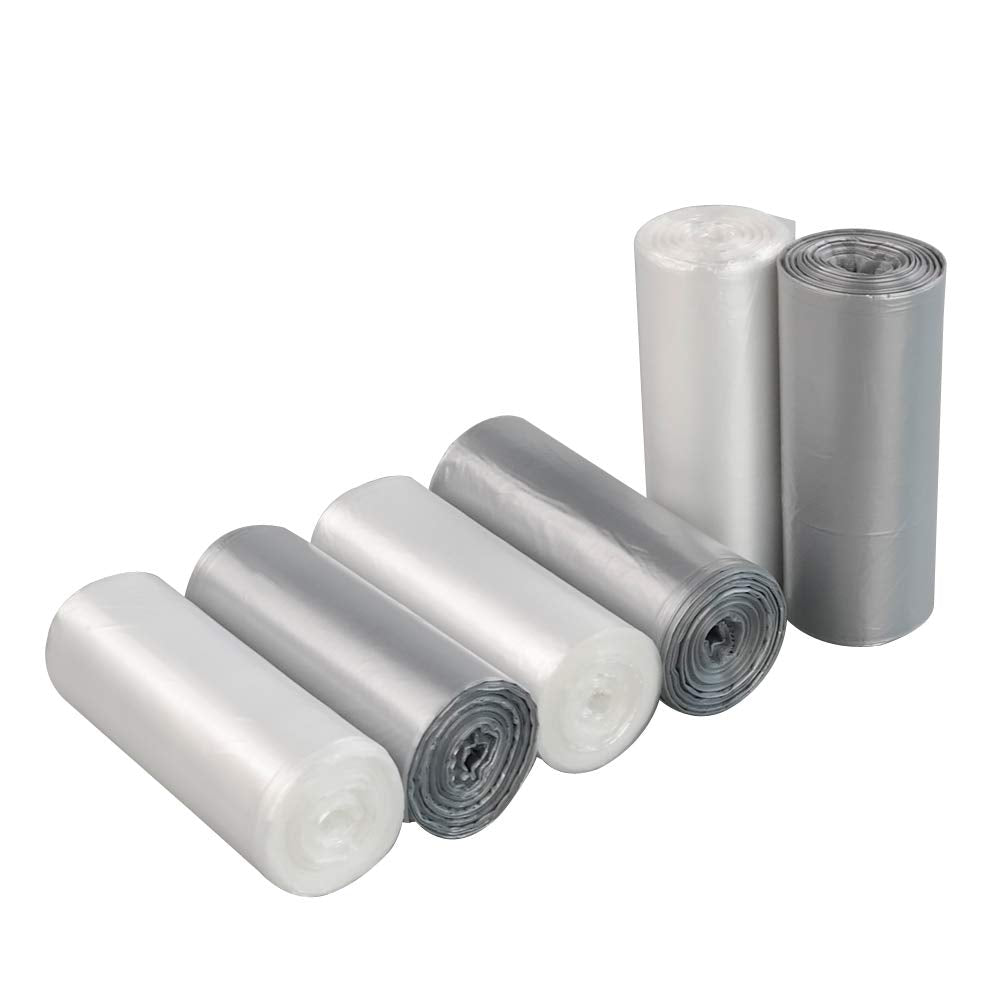 Jekiyo 4 Gallon Trash Bags, Small Garbage Bags, 6 Rolls / 150 Counts (Clear & Grey)