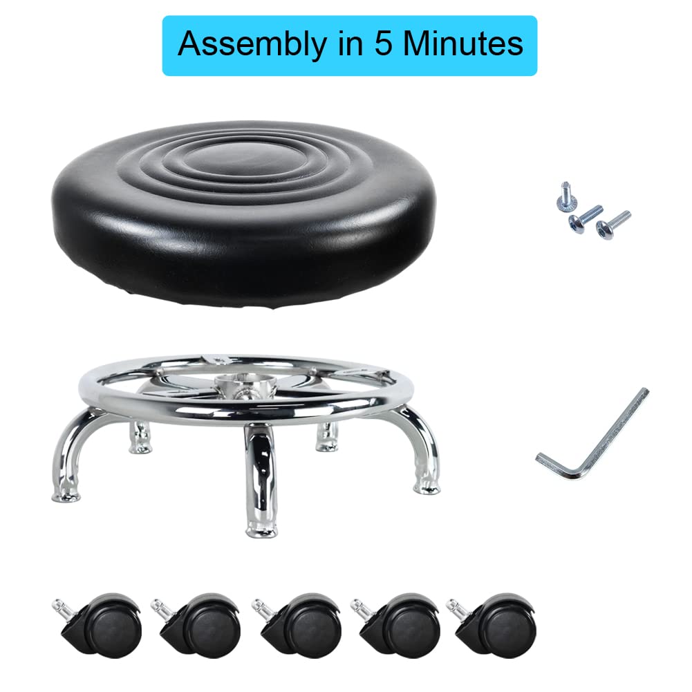 WKWKER Modern Roller Seat PU Leather Low Round Rolling Stool 360° Swivel Small Stool with Universal Caster Wheels Foot Stool for Home Office Garage Shop Fitness Sport H：8.4" （Black）