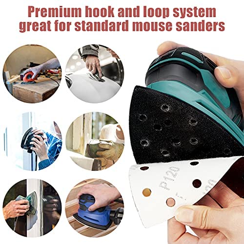 120 PCS Mouse Detail Sandpaper Sanding Sheets, Hook and Loop Sanding Pads Assorted 40/80/120/320/400/600 Grits Mouse Sander Pads for Grinding and Polishing