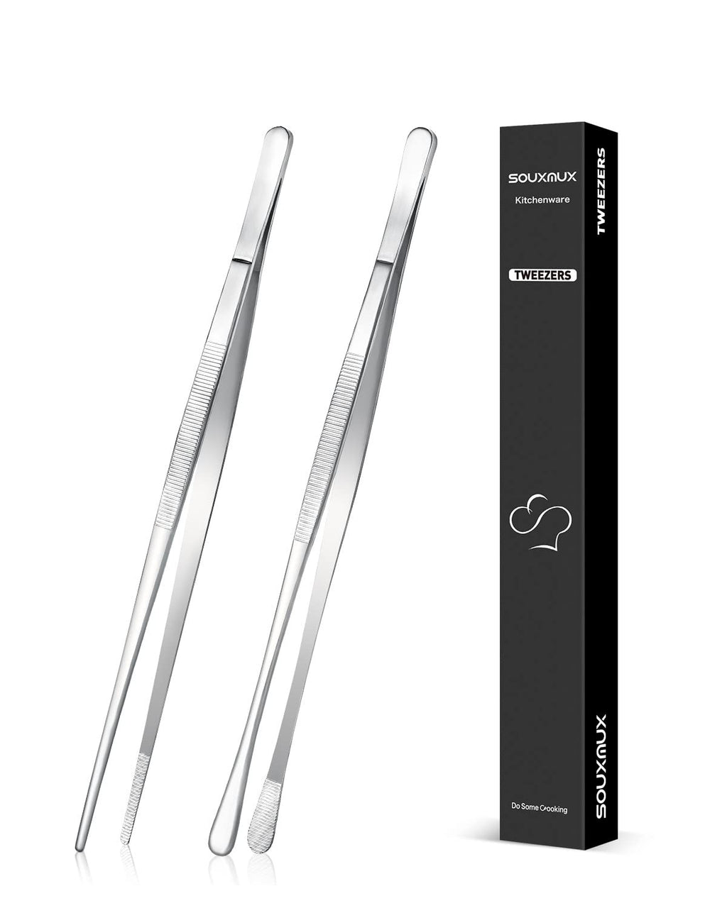 2 Pcs 10-inch Cooking Tweezers Tongs Precision Serrated Tips, Stainless Steel Professional Chef Tweezer Kitchen Tools for BBQ, Plating and Serving
