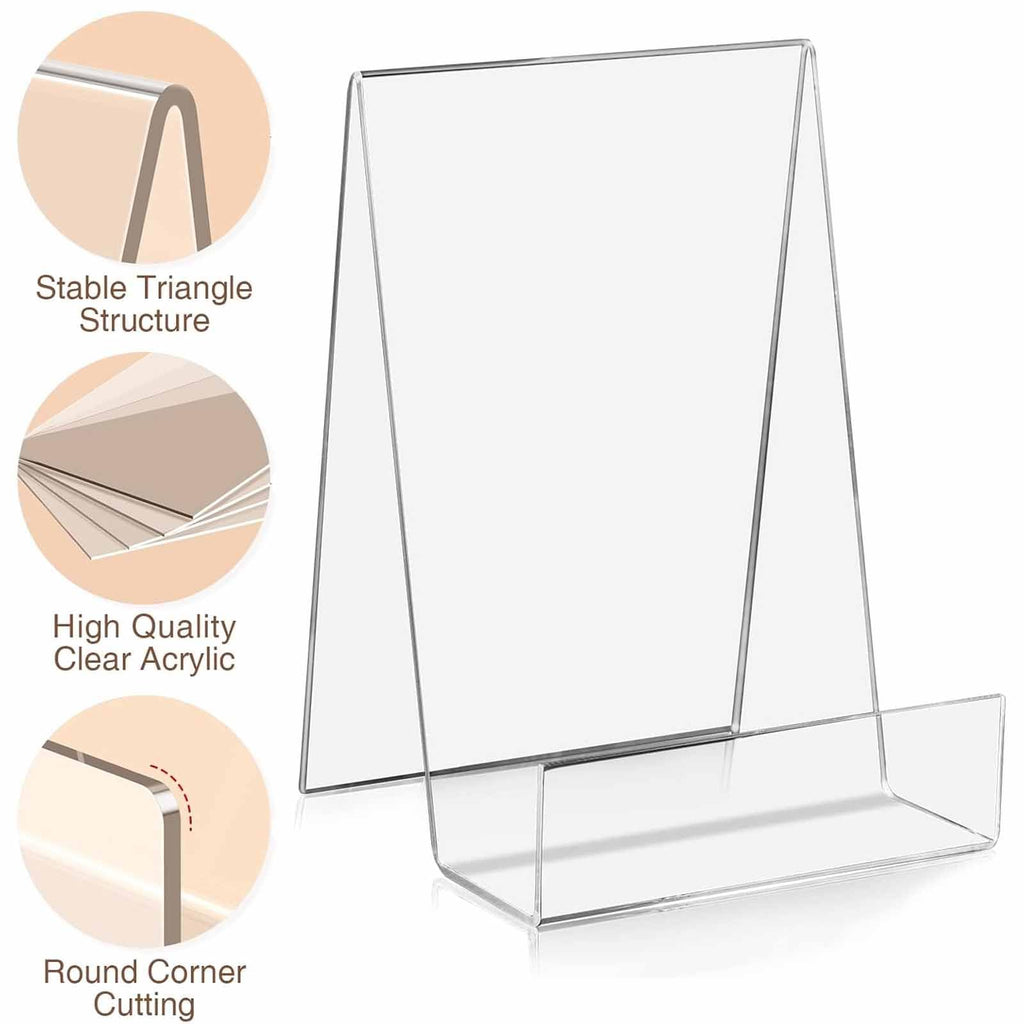 LinamHoz 12pcs Acrylic Book Stands, Clear Acrylic Book Stand with Ledge Clear Acrylic Book Display Easel, for Displaying Picture Albums Books Music Paperbacks on Tabletop, Shelves, Library, Store