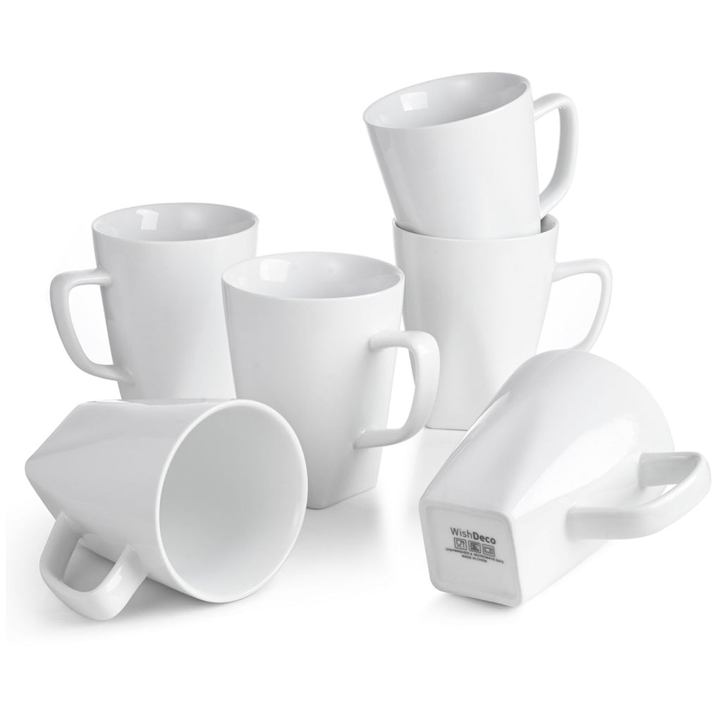 WishDeco White Coffee Mugs Set of 6, Ceramic Coffee Cups 14 oz / 400 ml, Modern Tea Mugs, Porcelain Tea Cups, Large Mug for Latte, Cappuccino, Milk, Juice, Square Bottom, Microwave and Dishwasher Safe