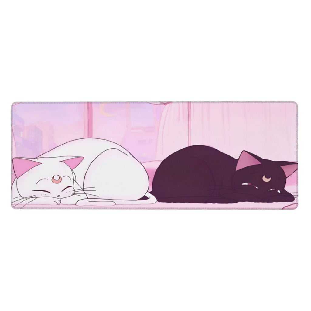 Anime Kawaii Gaming Mouse Pad Cute White Cat Black Cat Large Desk Office Decor Exclusive Beautiful Girls Mouse Pad for Women Mouse Mat Desk Pad 31.5x11.8in Non-Slip Rubber Base with Stitched Edges