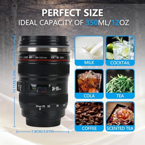 Camera Lens Coffee Mug 350ml Tumbler with Transparent Lid,Black