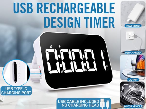 Kitchen Timer, Large Digital Magnetic Timer, Rechargeabilit, Countdown and Countup, 3 Brightness Display, 3 Volume Levels and Vibration Mode, for Cook, Kids Adults Study Teaching
