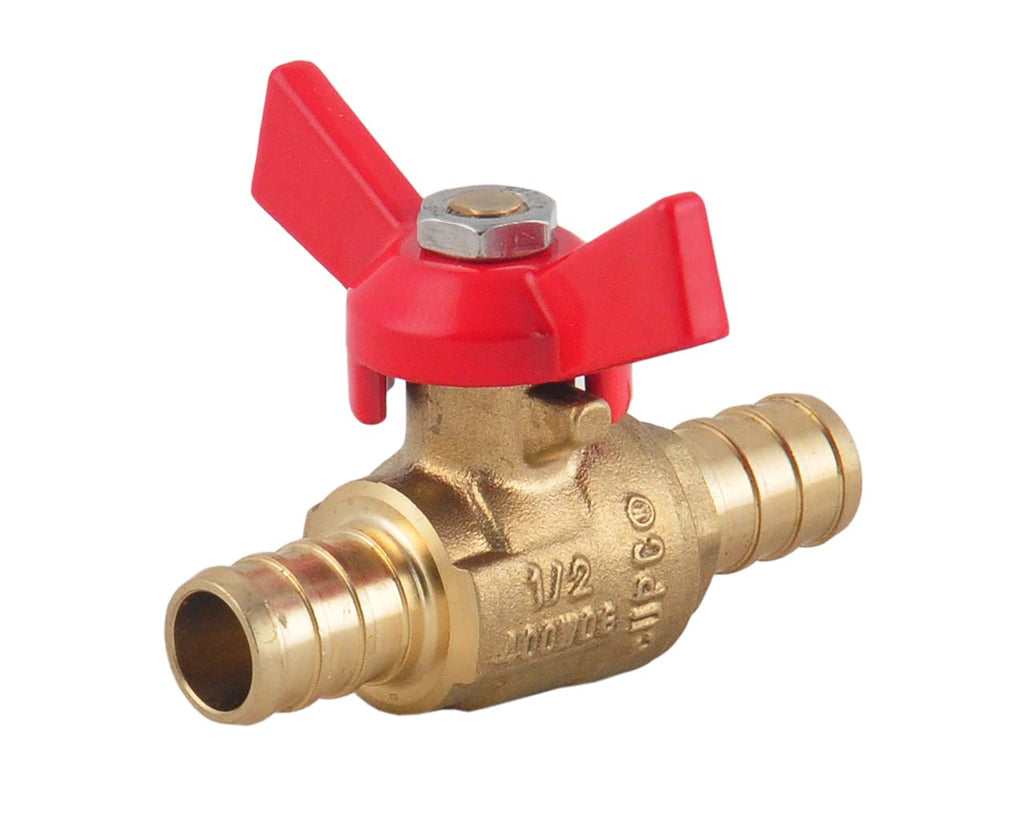 PEX Brass Ball Valve, 1/2-in PEX Lead Free Brass Shut Off Ball Valve with Red & Blue T (Butterfly) Handle, PEX Barb Water Valve with cUPC Certified for Cold and Hot Water (4-Pack)
