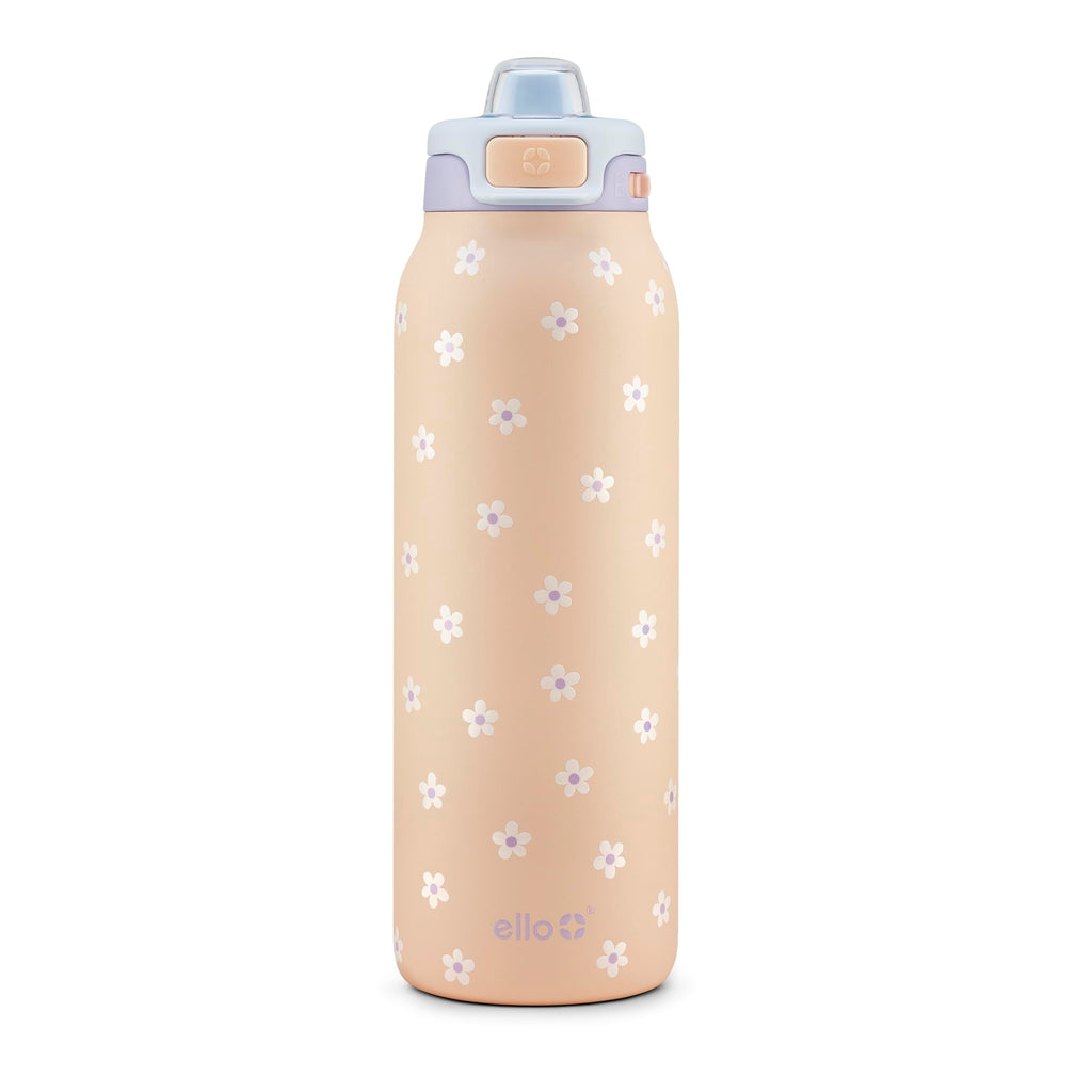 Ello Pop & Fill 32oz Stainless Steel Water Bottle with QuickFill Technology, Double Walled and Vacuum Insulated Metal, Leak Proof Locking Lid, Straw and Chug, Reusable, BPA Free, Gloss Daisies
