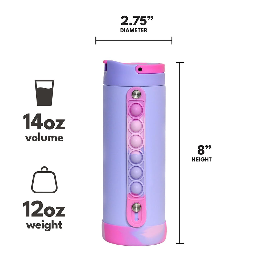 Elemental Iconic Kids Water Bottle for School - Leak-Proof Insulated Water Bottles with Straw Lid & Pop-It Handle for Boys & Girls - Triple Wall BPA-Free & Stainless Steel Bottle, 14oz - Lilac Tie Dye