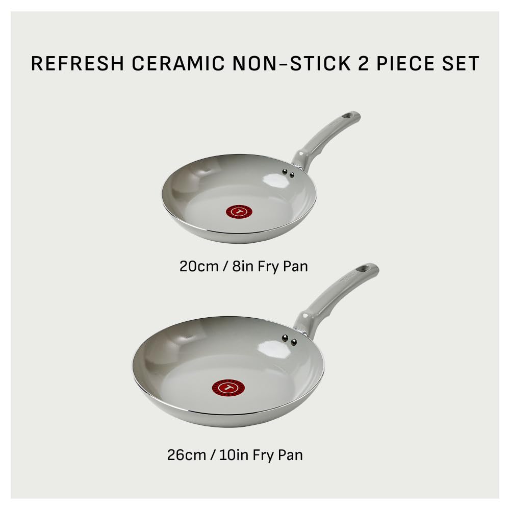 T-FAL Refresh Ceramic Cookware Set, 2-Piece Fry Pan Set, 8 Inch (20 cm) & 10 Inch (26 cm), Nonstick Ceramic Pans for Healthy Cooking, Durable Eco-Friendly Ceramic Refresh Cookware, Moon Grey.