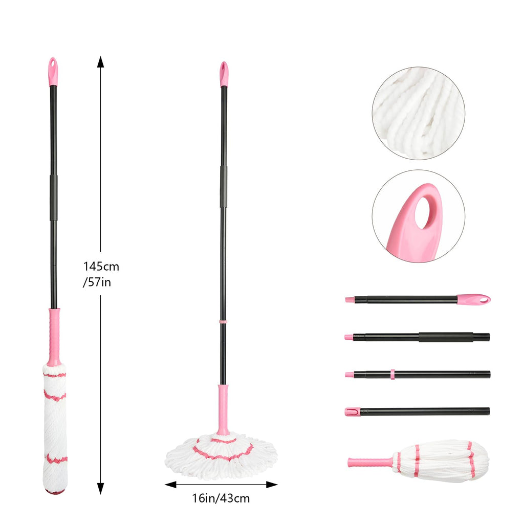 XXFLOWER Self-Wringing Mop, 57-inch, Heavy Duty Microfiber Mop for Floor Cleaning, Wet and Dry Use, Suitable for Hardwood Floors, Kitchens, Bathrooms, Tiles, Commercial and Home Cleaning (Pink)