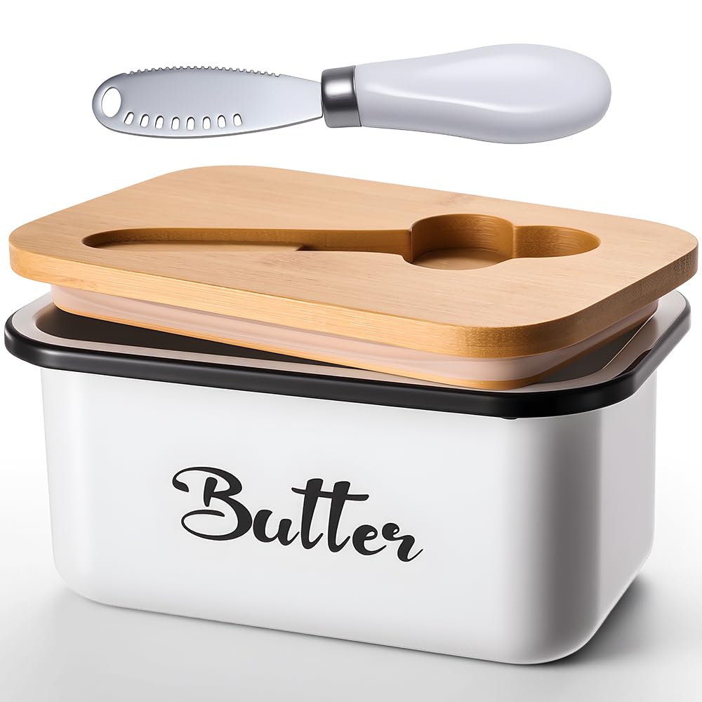 Butter Dish with Lid: Metal Beurrier Butter Dish for 1 LB of Canadian Butter - Airtight Large Capacity Butter Keeper Butter Container with Knife - Butter Holder for Countertop - White