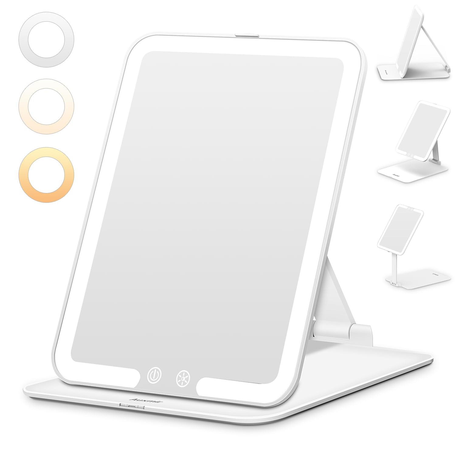 Auxmir Rechargeable Travel Makeup Mirror, Portable Travel Lighted Makeup Mirror with 3 Color Modes Dimmable, Compact Slim Tabletop LED Vanity Mirror with Touch Screen for Daily Business, White
