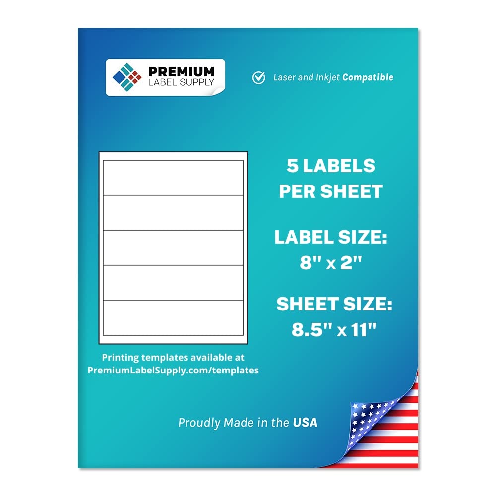 Premium Label Supply Matte White Water Bottle Stickers- NOT Waterproof – 8" x 2" – Laser/Inkjet Compatible – (5 per Sheet), 25 Sheets – 125 Total Adhesive Labels