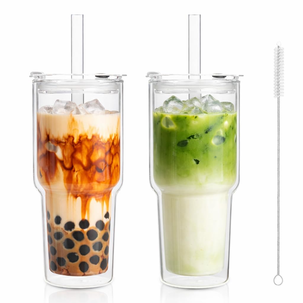KEMORELA 28oz Clear Double Wall Glass Tumblers Set of 2, Extra-Wide 13mm Reusable Drinking Straws, Boba Tumbler, Wide-Mouth Water Cups for Iced Coffee, Smoothies, Boba & Tea Lovers