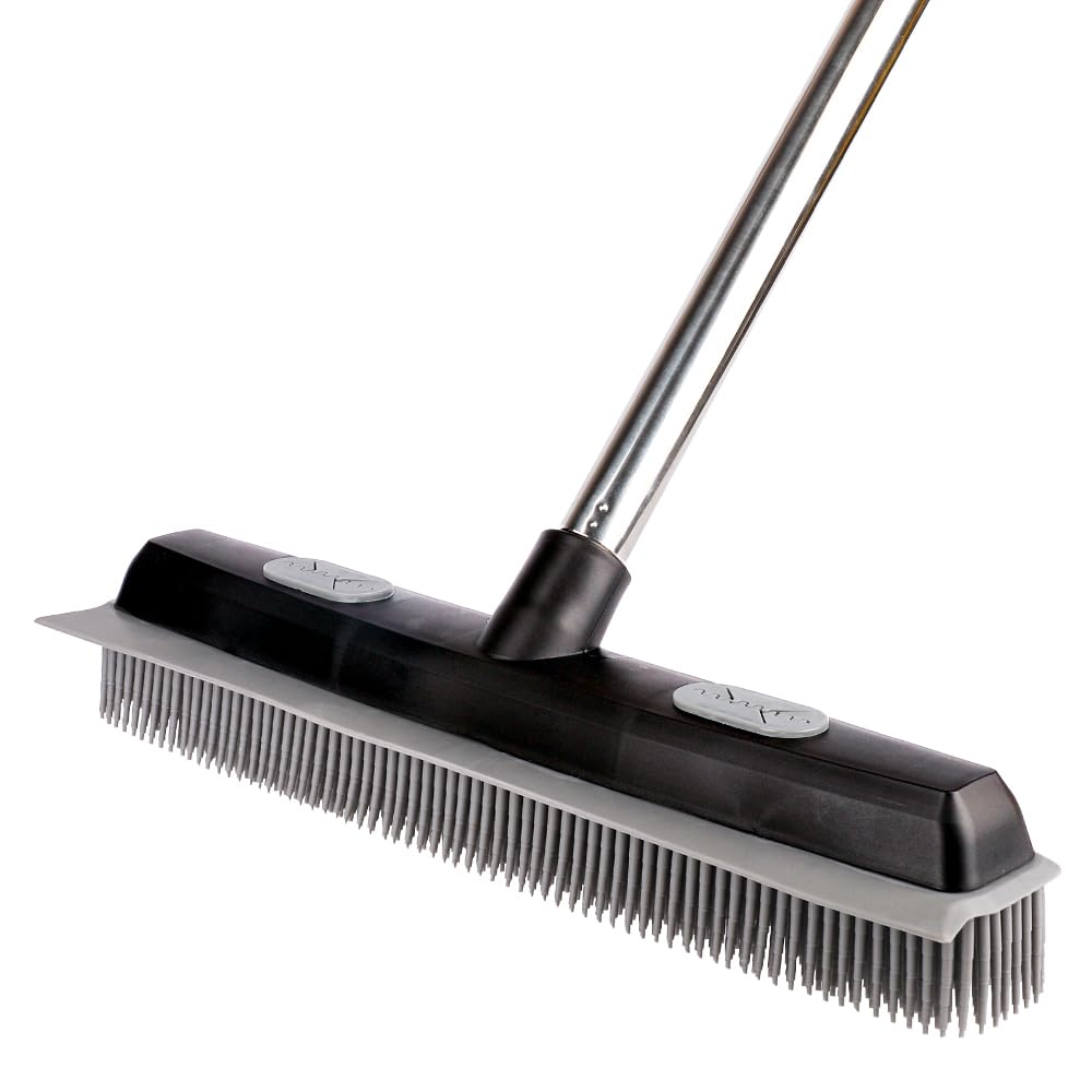Pet Hair Rubber Broom with Carpet Rake and Squeegee, 2 in 1 Floor Brush for Carpet, 62 inch Adjustable Handle,silicone broom Black (2)