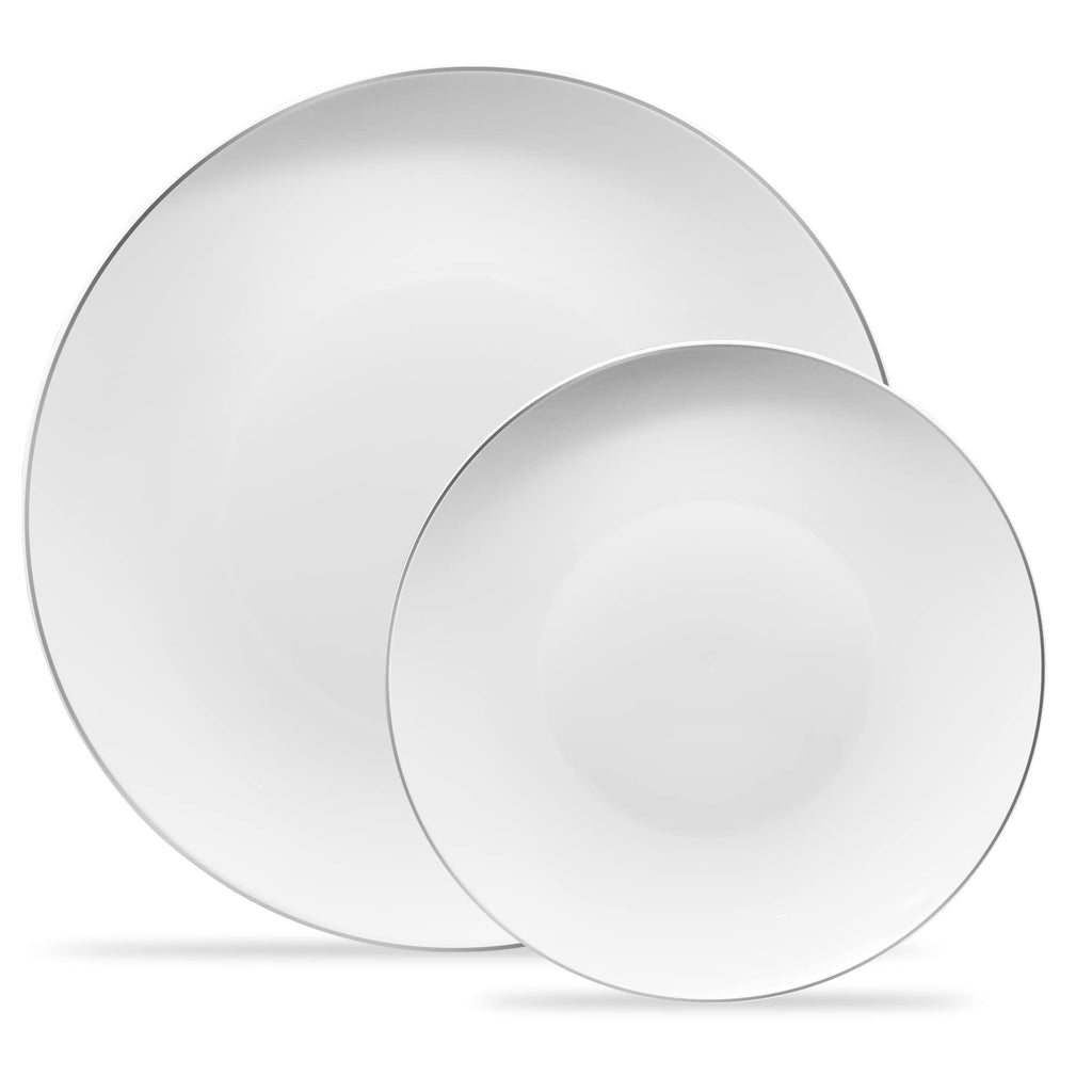 PLASTICPRO 32 Piece Combo Plates Set includes 16-7'' inch Plate & 16-10'' inch Plates White Plates with Silver Rim Plastic PartyPlate Premium heavyweight Elegant, Disposable, Tableware, Dishes,