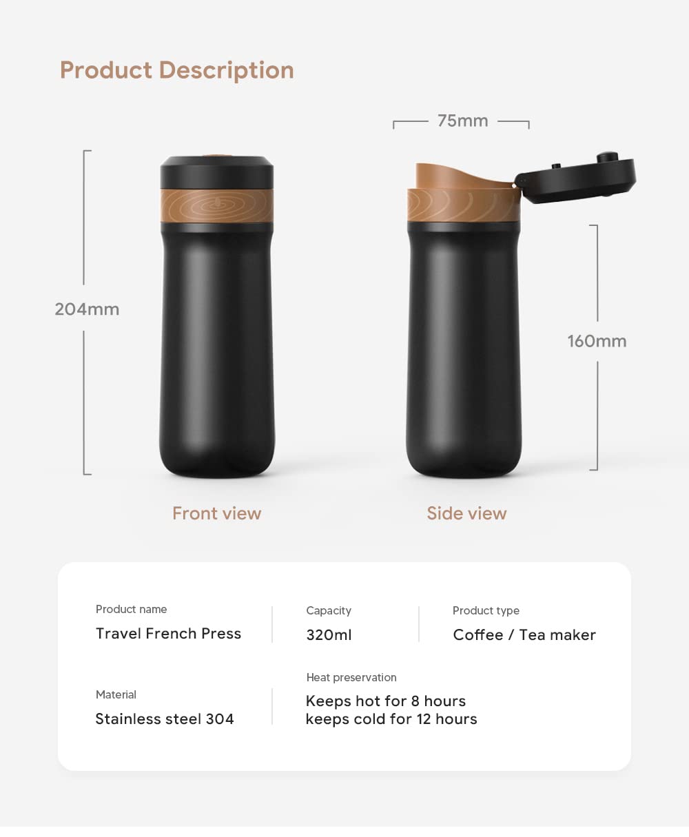 HAILASRE Portable French Press Coffee Maker Travel French Coffee Maker Stainless Steel Coffee Mug 12 oz Double Mesh Filter Great for Camping and Traveling