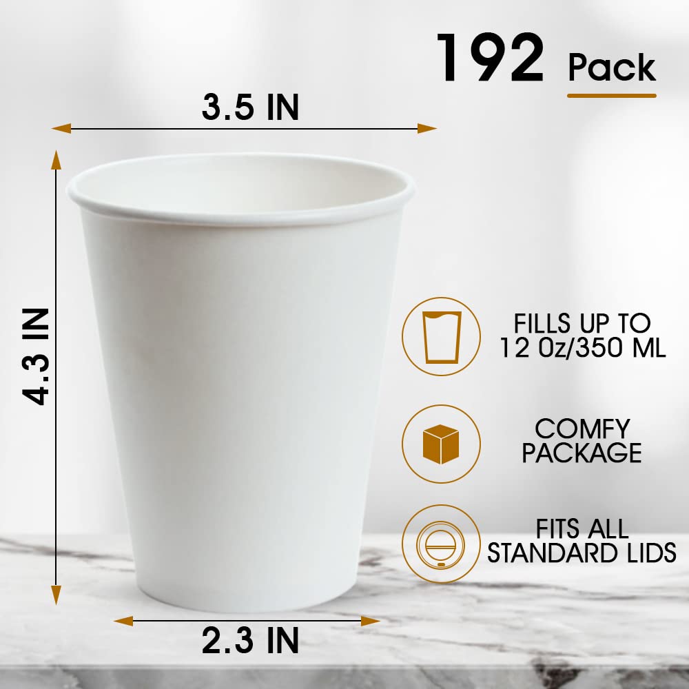 PANSUN Selected [192 Count] Coffee Cups, 12 oz Disposable Coffee Cups, Hot/Cold Beverage Drinking Cup for Party, Picnic, Travel, and Events -Thickened Paper Cups Leakage Prevention, White