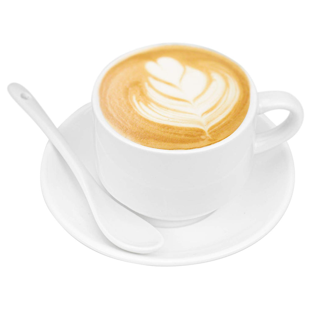 Hedume 6 Pack 5 OZ Espresso Cups with Saucers and Spoons, Stackable Espresso Coffee Cup Set for Specialty Coffee Drinks, Latte, Cafe Mocha and Tea - Safe for Dishwasher, Microwave, Oven and Freezer