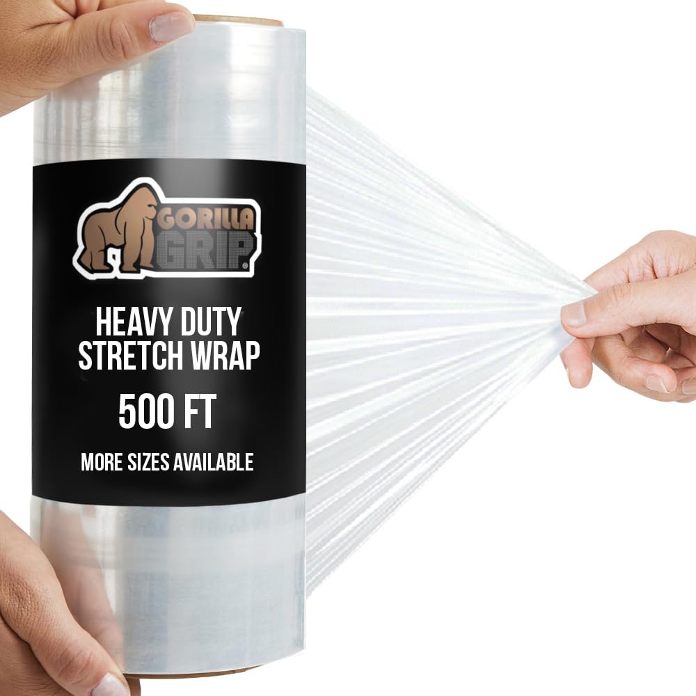 GORILLA GRIP 500% Stretch Film Heavy Duty Plastic, 500ft Shrink Wrap Roll 10" Puncture Resistant, Industrial Strength for Shipping, Pallet Storing, Moving, Packing Furniture Protection 1 Pack Clear