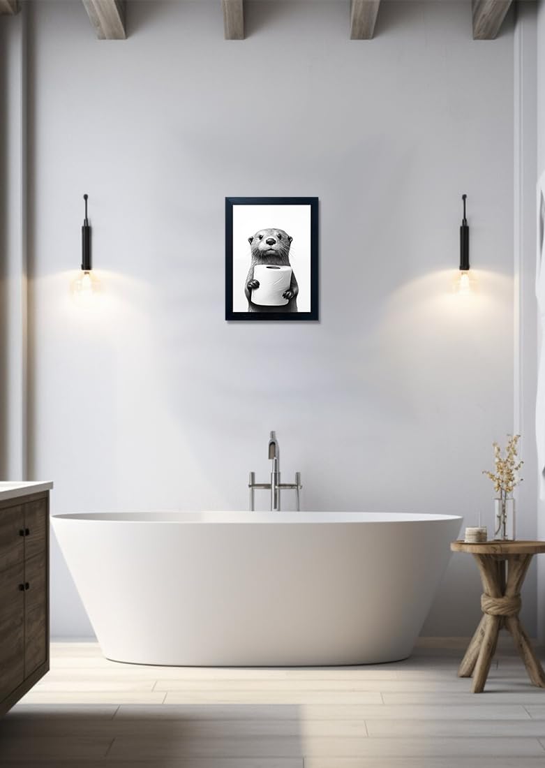 Bathroom Picture Wall Decor Black and White Framed Wall Art for Bathroom Toilet Paper in the Hand of a Little Funny Raccoon Canvas Print Painting