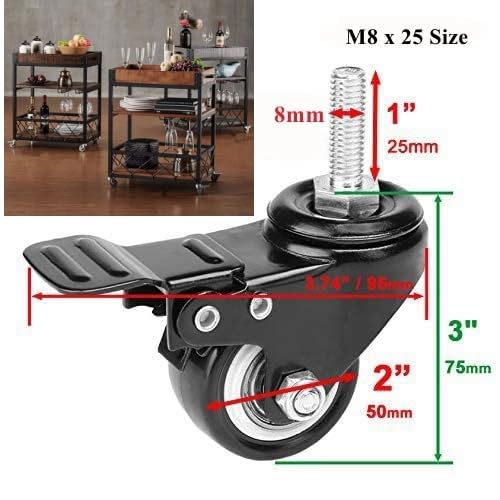 Set of 4 Stem Caster Wheels Swivel Castors 2" with Brakes Heavy Duty Furniture Casters No Noise Wheel for Workbench Furniture DIY Carts