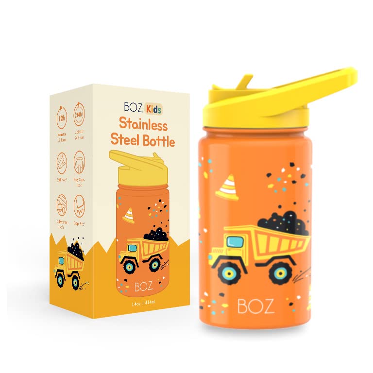 BOZ Kids Insulated Water Bottle with Straw Lid, Stainless Steel Vacuum Double Wall Water Cup, 14 oz (414ml). Scratch-Resistant Cute Print and Carry Handle, BPA-Free and Dishwasher-Safe (Construction)