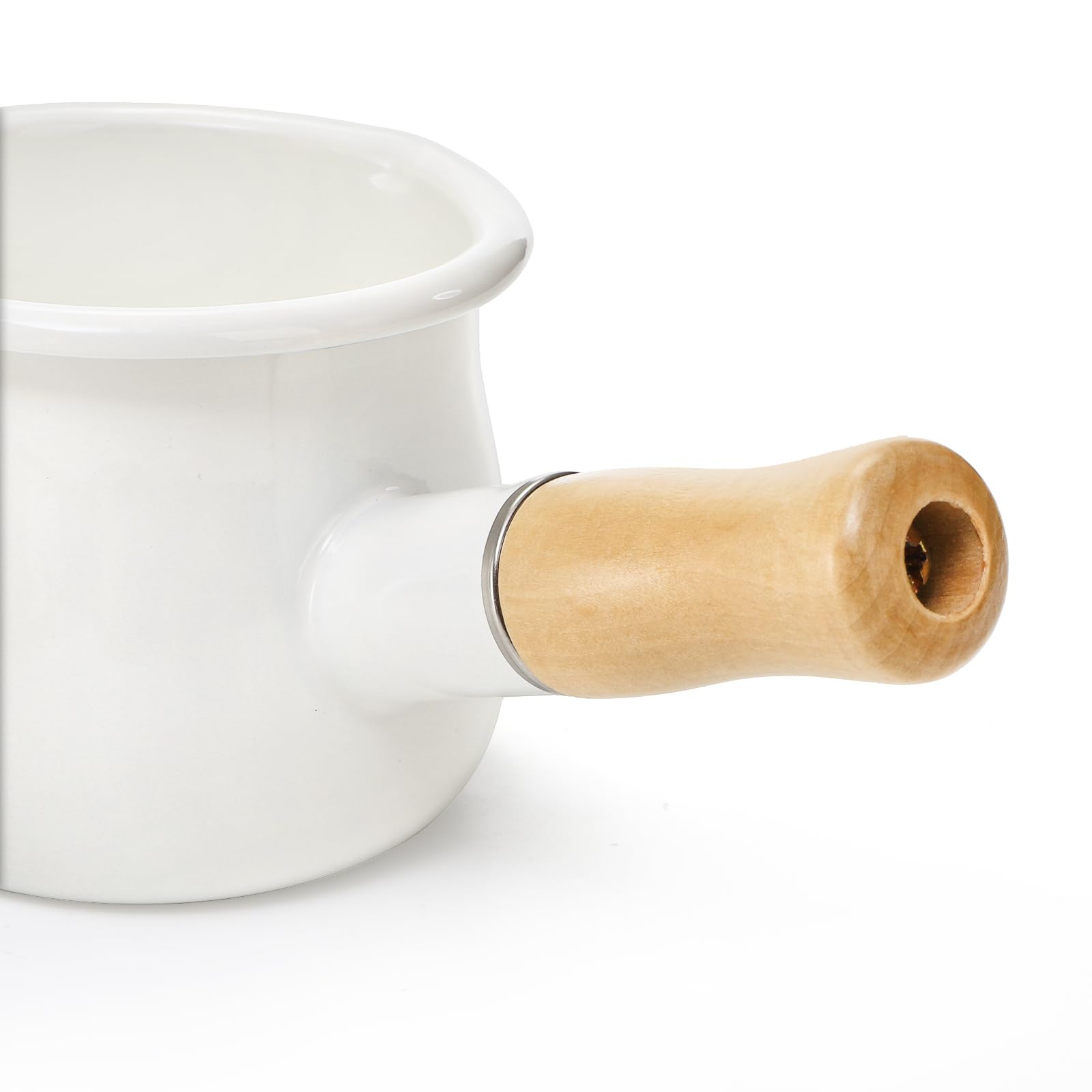 DEAYOU Enamel Milk Pot, 0.6 Quart Mini Butter Warmer Saucepan with Insulated Wooden Handle and Dual Pour Spout, Nonstick Small Soup Pot for Stove Top, Home, Kitchen, Cooking, Heating, Boiling, 18 Oz