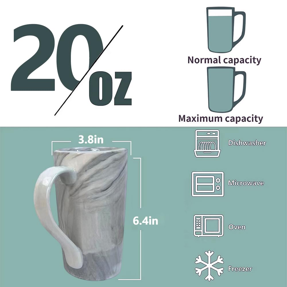 20 OZ Large Coffee Mugs,Marble Ceramic Tall Coffee Mug Set of 2, Extra Large Coffee Mug with Handle Big Porcelain Tea Cups for Men Women Gifts, Grey